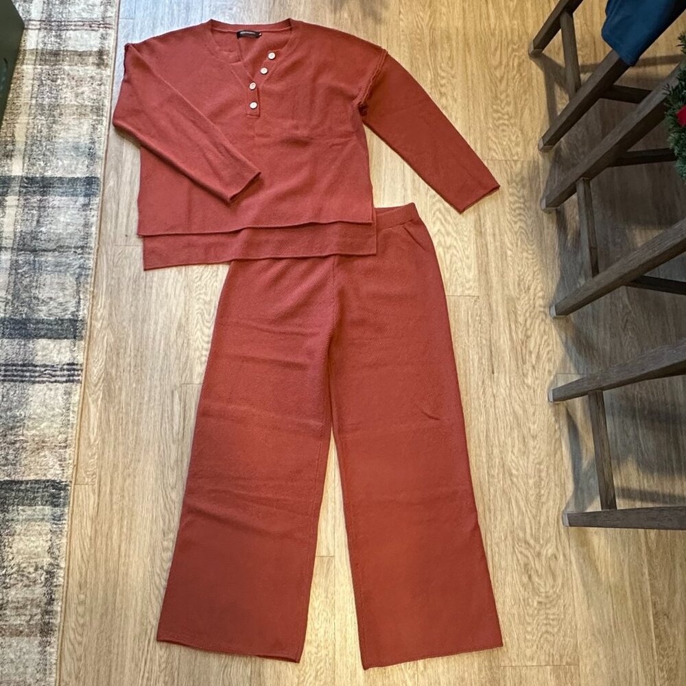 2 Piece - Long Sleeve Button Knit Pullover Sweater and Pants Lounge Set
